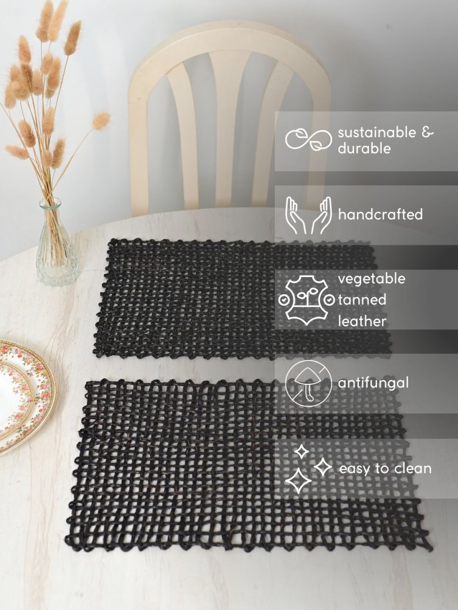 Handmade Sabai Grass Table Mat - Rectangular Set of  6, Black