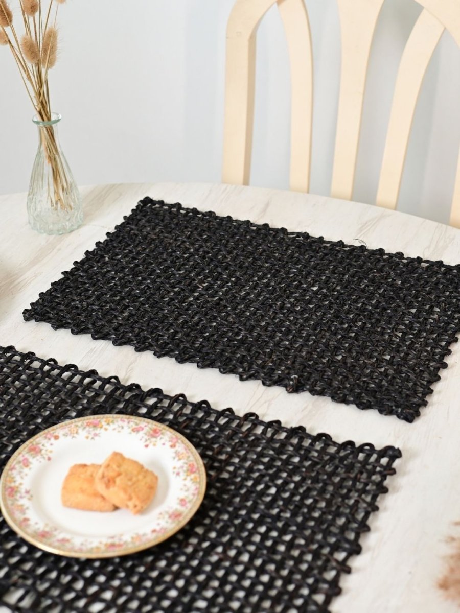 Handmade Sabai Grass Table Mat - Rectangular Set of  6, Black