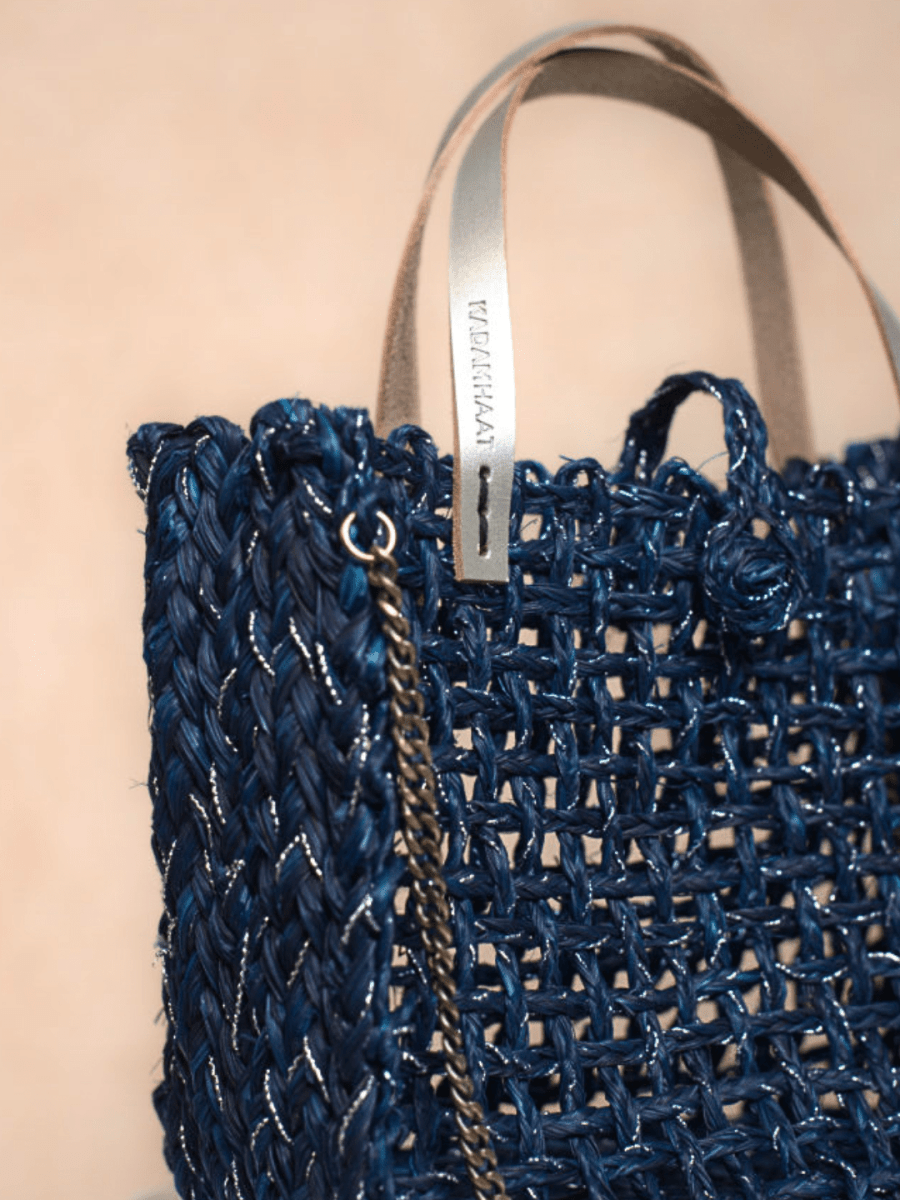 Handmade Sabai Grass Zari Mini Mesh Bag - Neer Silver